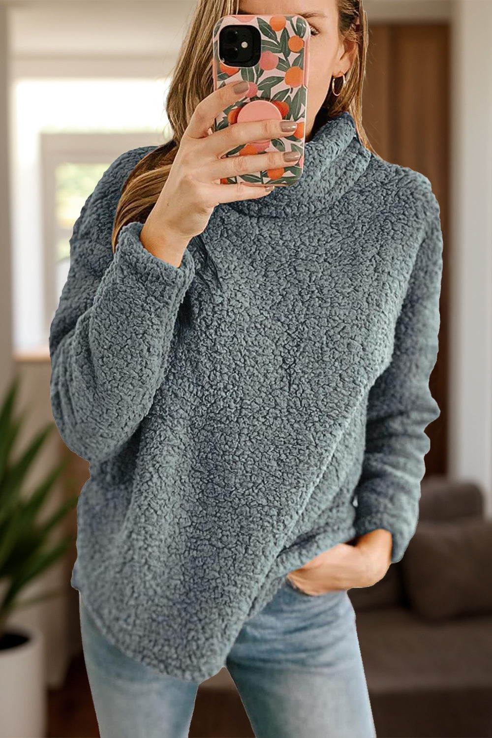 Fuzzy Turtleneck Long Sleeve Sweatshirt-Bella Boutique Collective