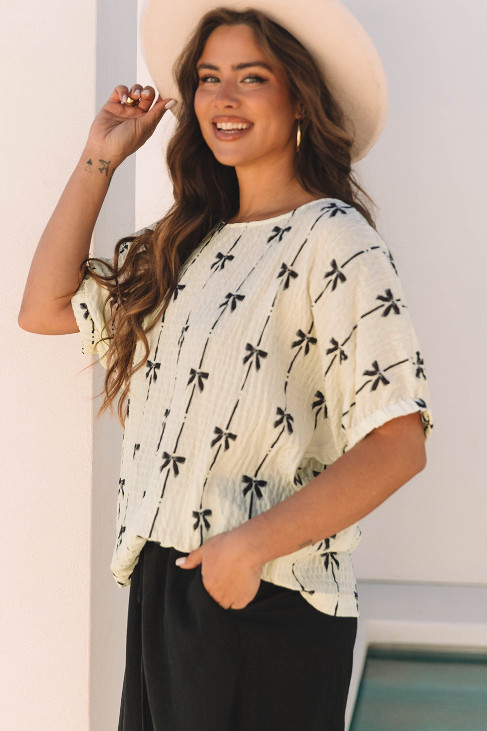 Beige Bow Print Puff Short Sleeve Top-Bella Boutique Collective