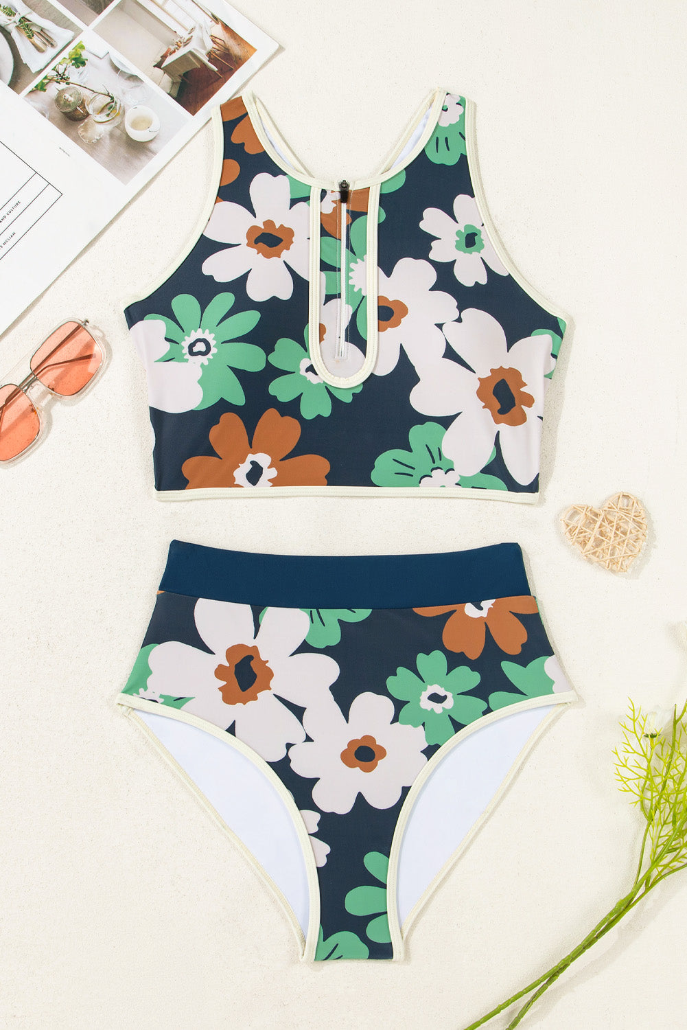 Blue Flower Zip up Racerback High Waisted Bikini-Bella Boutique Collective