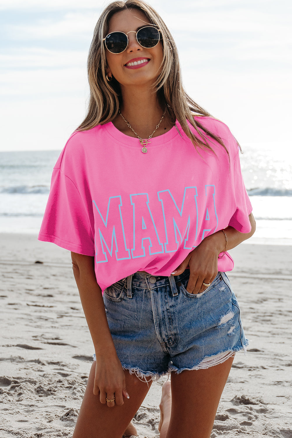 Bright Pink MAMA Letter Graphic Neon T Shirt-Bella Boutique Collective