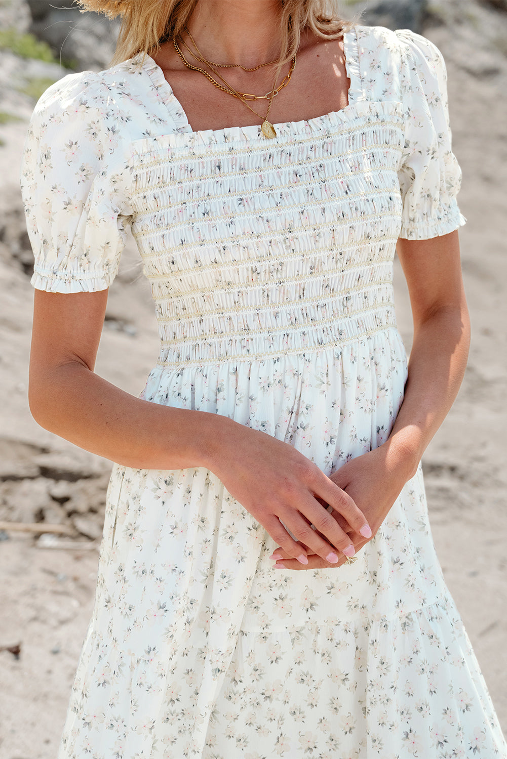 White Frilly Shirred Bodice Tiered Floral Maxi Dress-Bella Boutique Collective