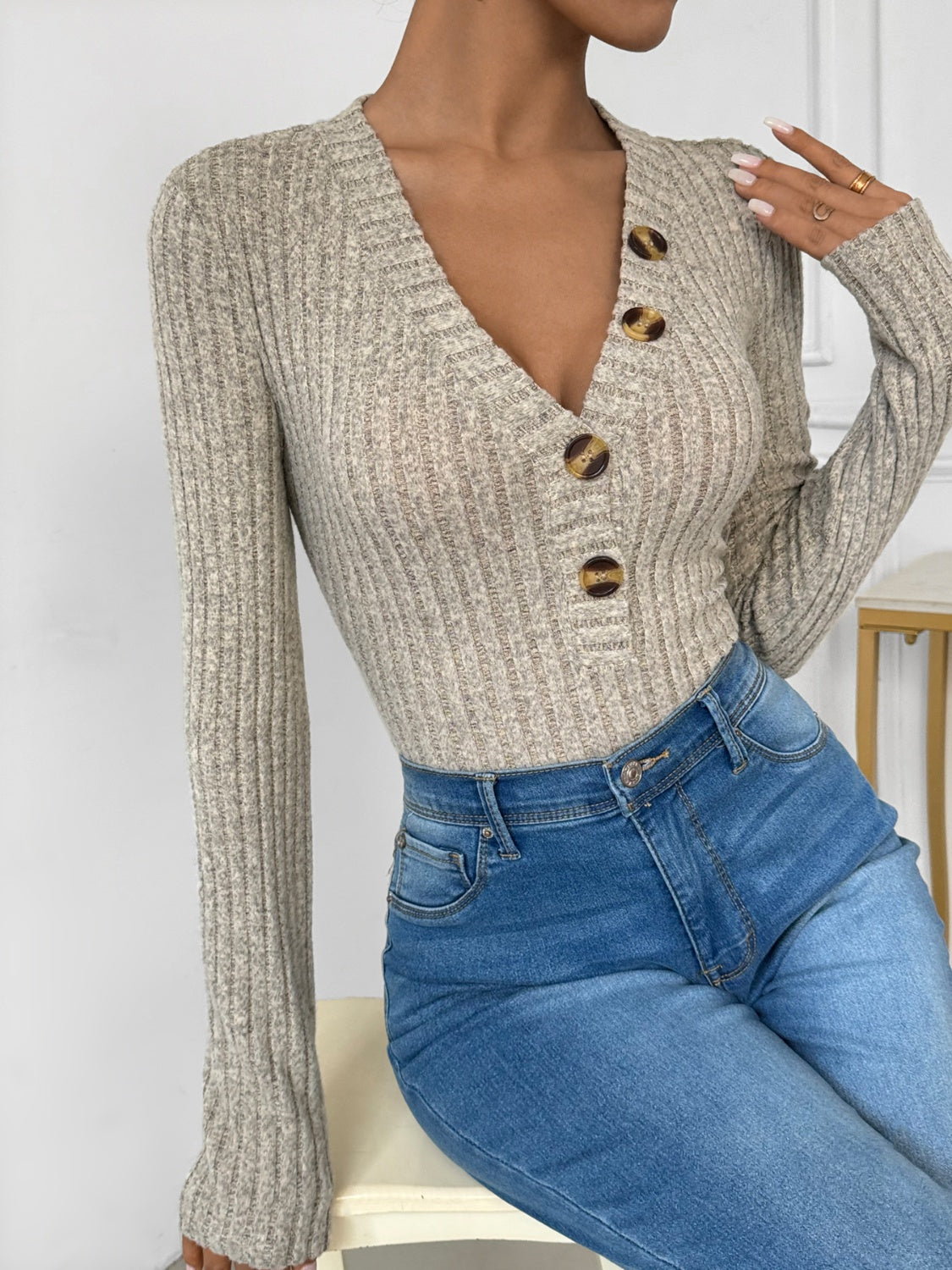 Perfee V-Neck Long Sleeve Bodysuit-Bella Boutique Collective