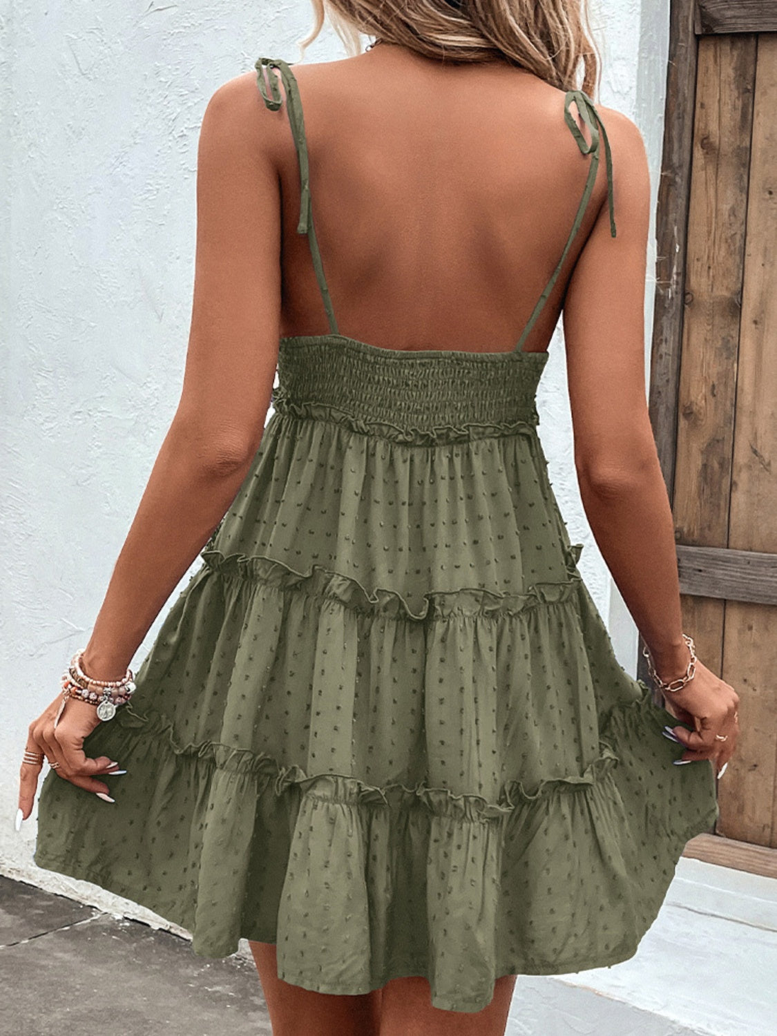 Shiny Frill Spaghetti Strap Tiered Dress-Bella Boutique Collective