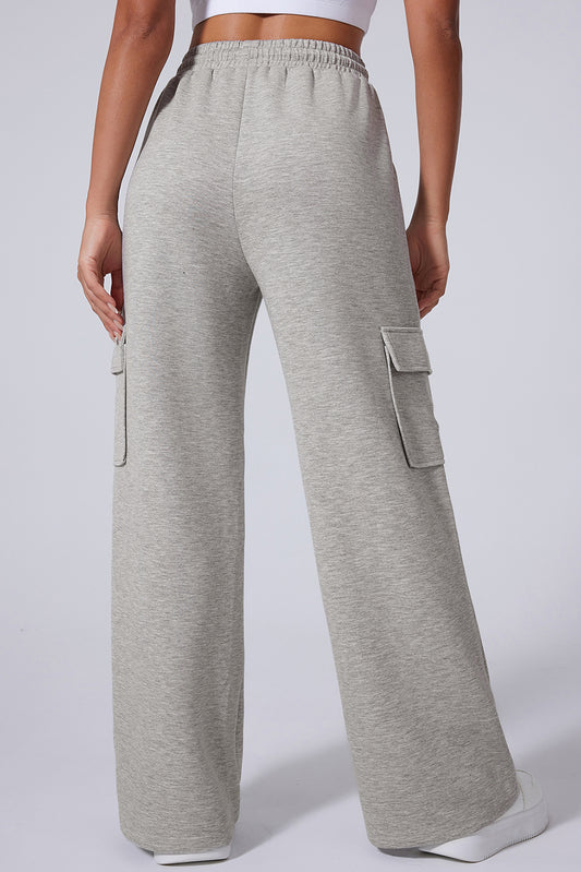 Light Grey Multi Pockets Lace-up High Waist Wide Leg Workout Pants-Bella Boutique Collective