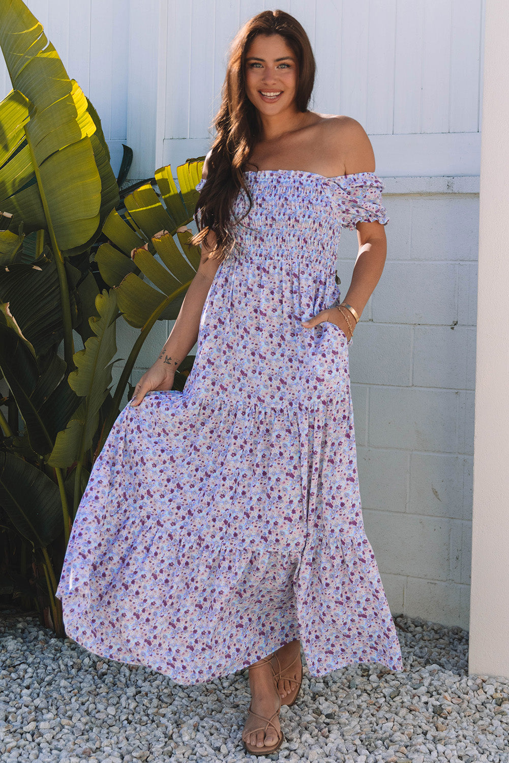 Purple Floral Short Bubble Sleeve Shirred High Waist Maxi Dress-Bella Boutique Collective
