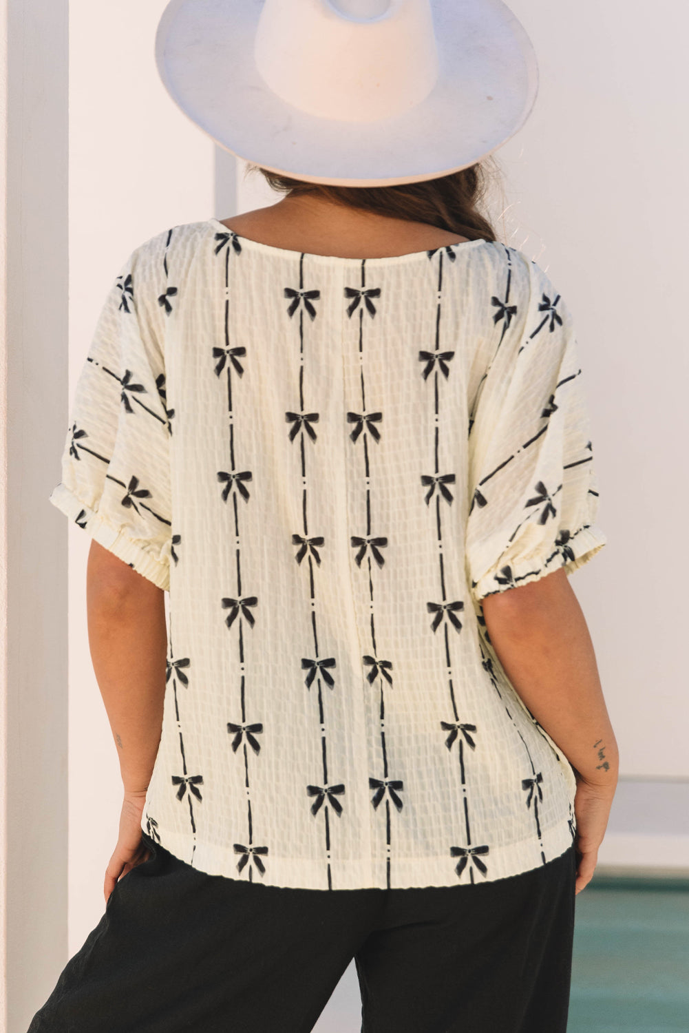 Beige Bow Print Puff Short Sleeve Top-Bella Boutique Collective
