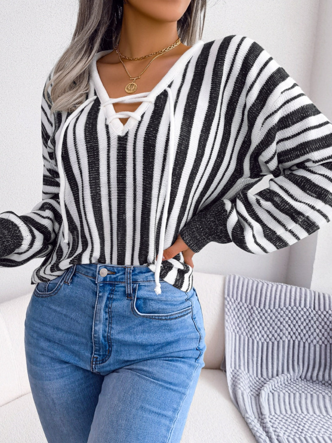 Striped Lace-Up Long Sleeve Sweater-Bella Boutique Collective