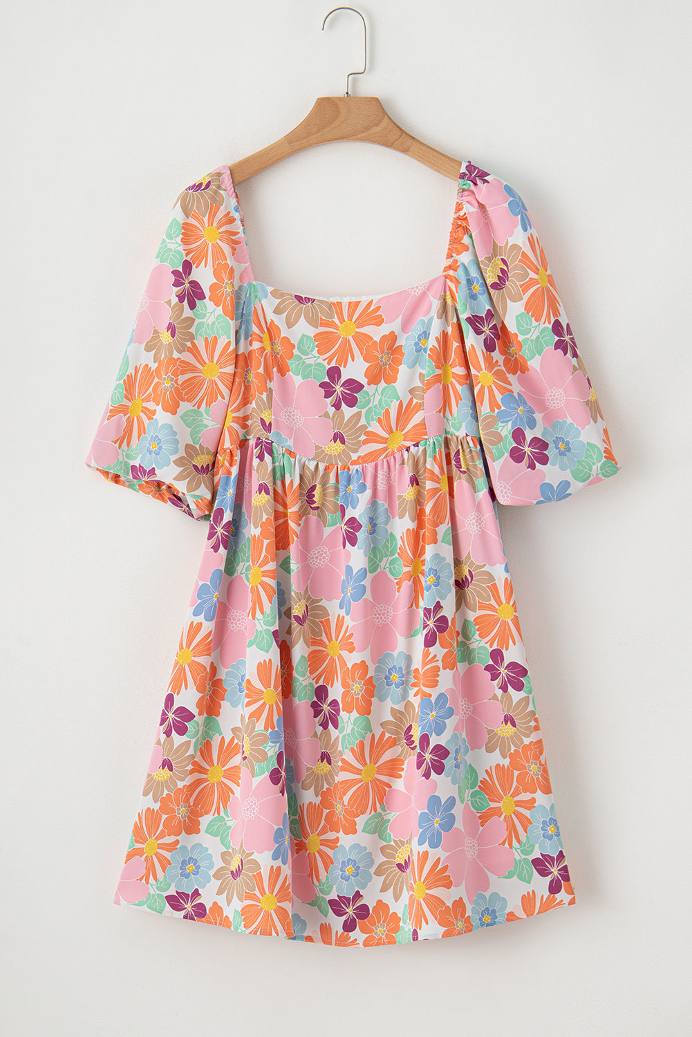 Pink Summer Floral Square Neck Puff Sleeve Babydoll Dress-Bella Boutique Collective