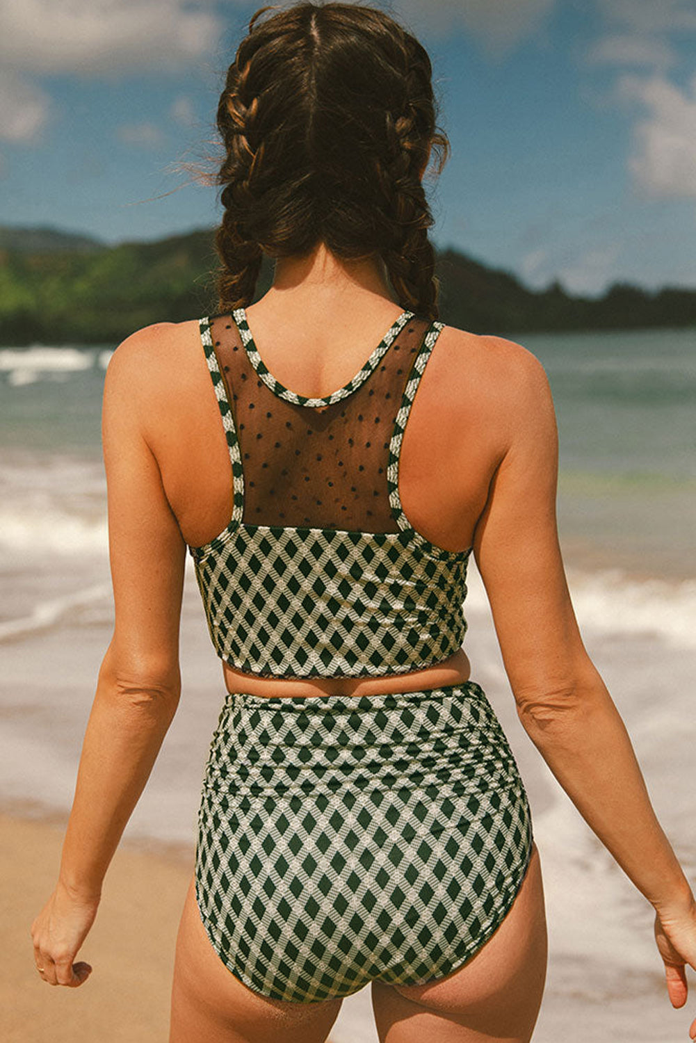 Green Dotted Mesh Plaid Patchwork High Waisted Bikini-Bella Boutique Collective