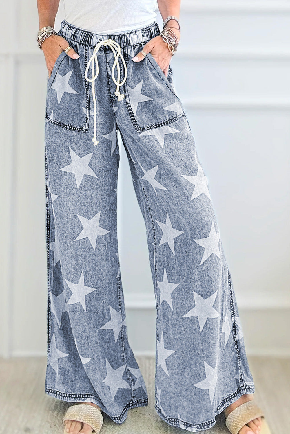 Light Blue Star Print Light Wash Drawstring High Waist Wide Leg Jeans-Bella Boutique Collective