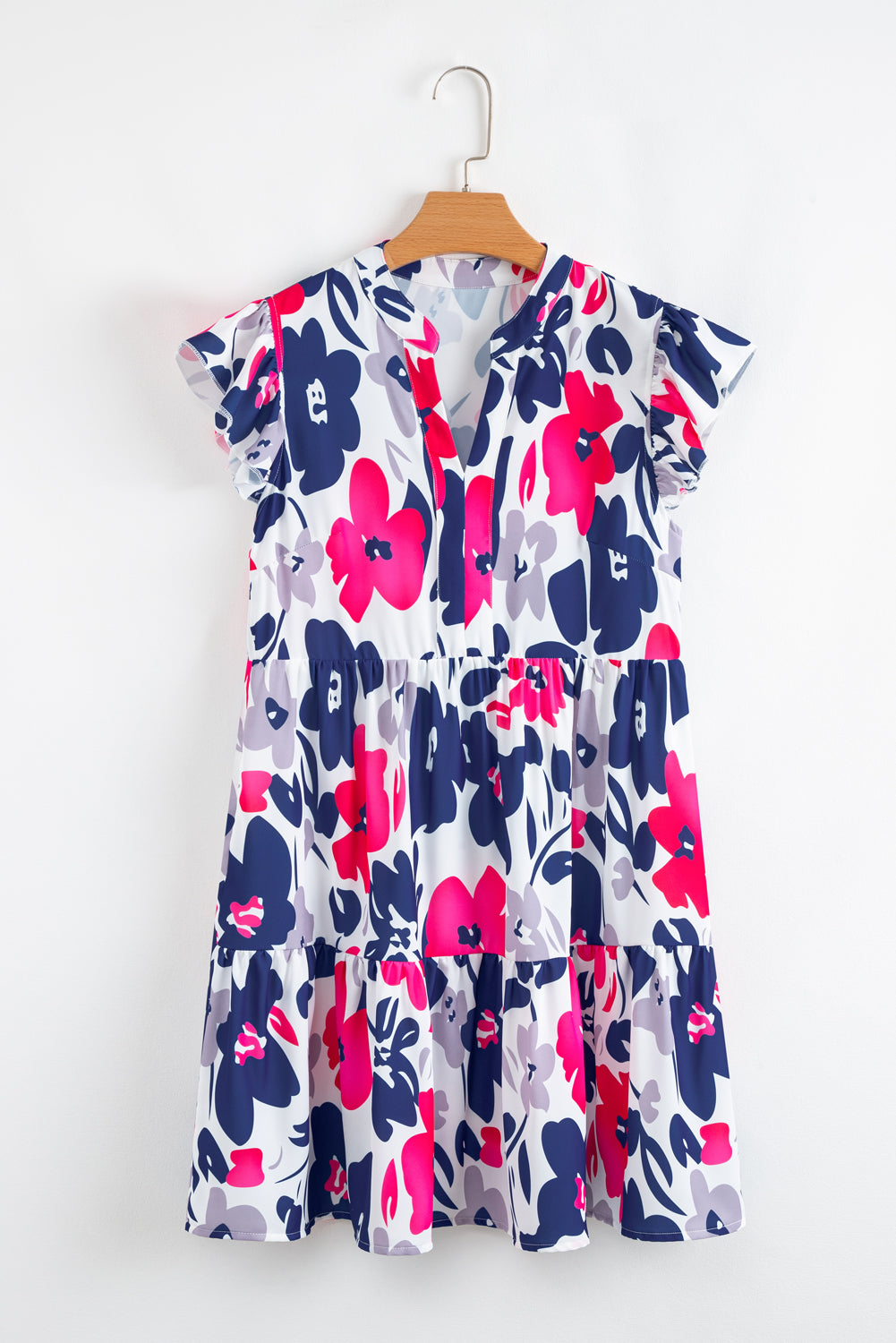 Fashion Floral Print Notched Neck Flutter Sleeve Mini Dress-Bella Boutique Collective