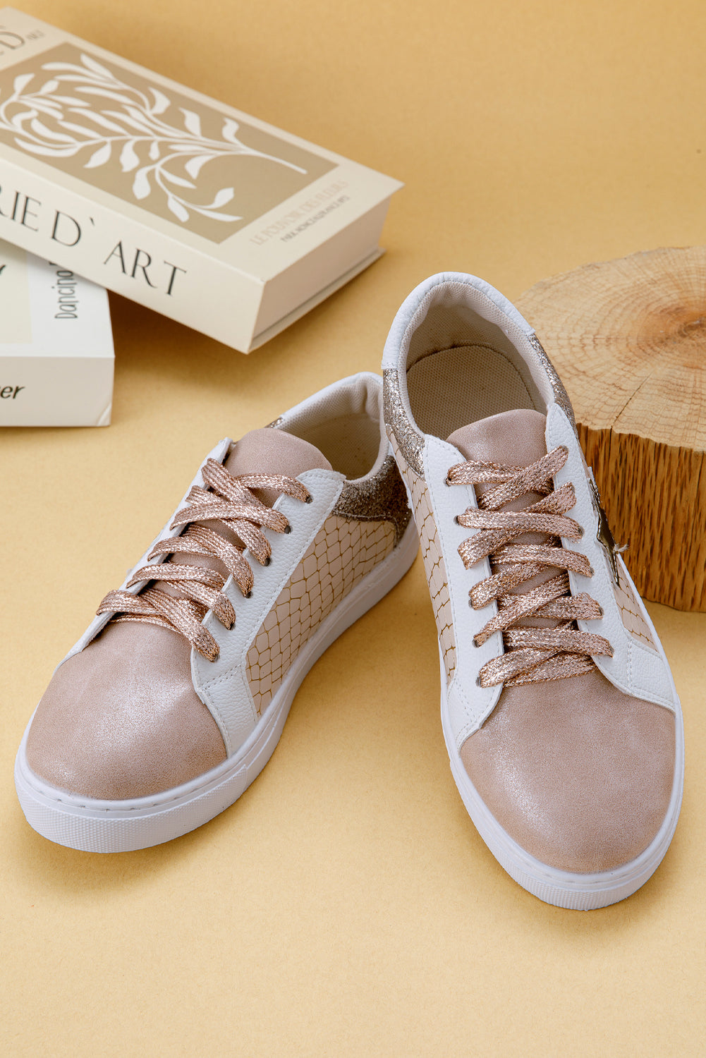 Gold Glitter Star Patchwork PU Leather Lace-up Sneakers-Bella Boutique Collective