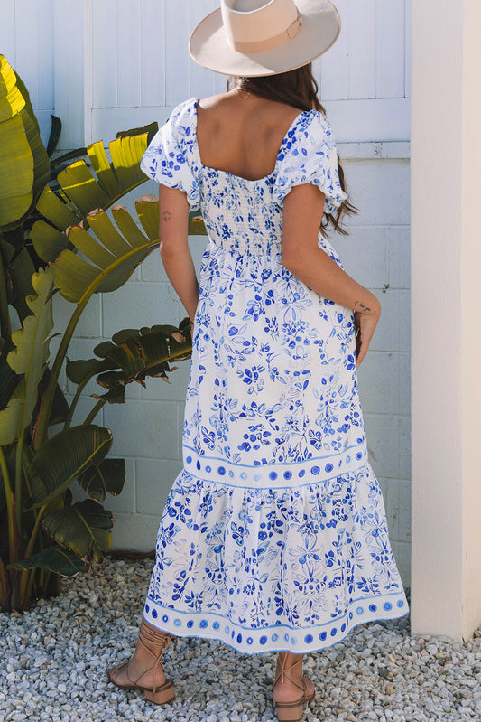 Sky Blue Floral Print Square Neck Bubble Sleeve High Waist Maxi Dress-Bella Boutique Collective