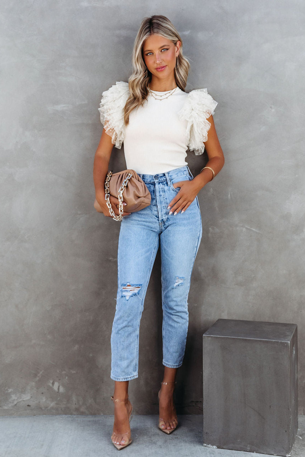 White Dotty Mesh Ruffle Sleeve Ribbed Knit Top-Bella Boutique Collective