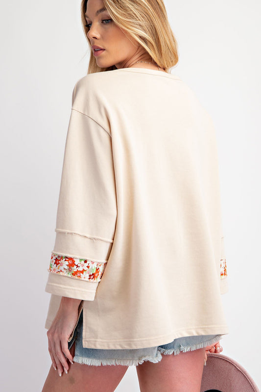 Beige Flower Patch Graphic Exposed Seam Wide Sleeve Top-Bella Boutique Collective