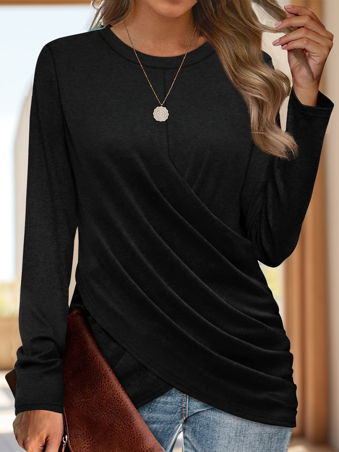 Ruched Round Neck Long Sleeve T-Shirt-Bella Boutique Collective