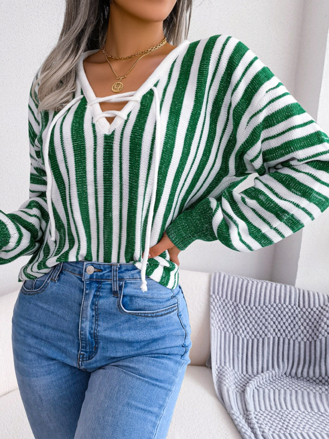 Striped Lace-Up Long Sleeve Sweater-Bella Boutique Collective