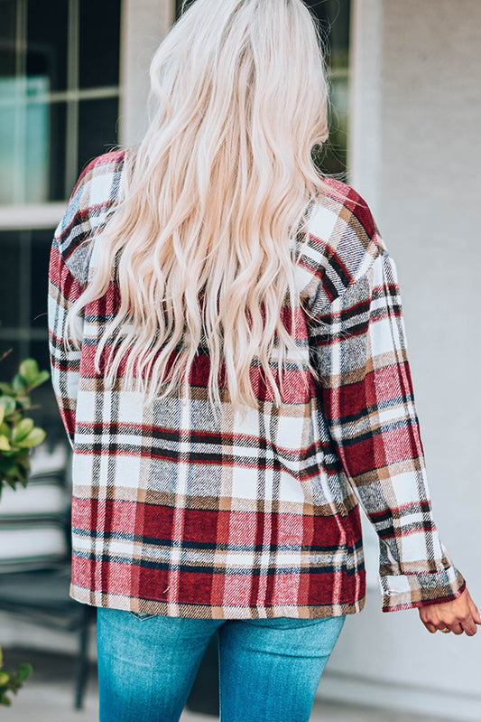 Fiery Red Geometric Plaid Print Pocketed Shacket-Bella Boutique Collective
