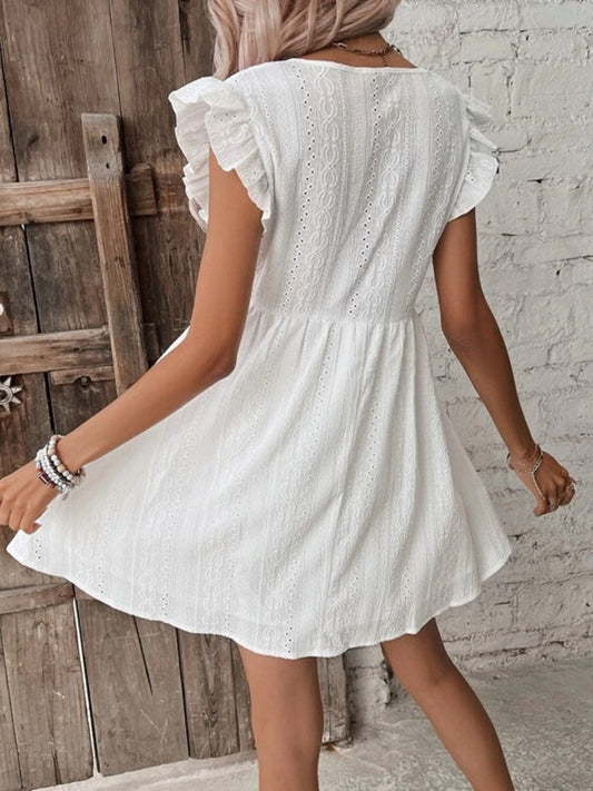 Eyelet Ruffled Cap Sleeve Mini Dress-Bella Boutique Collective