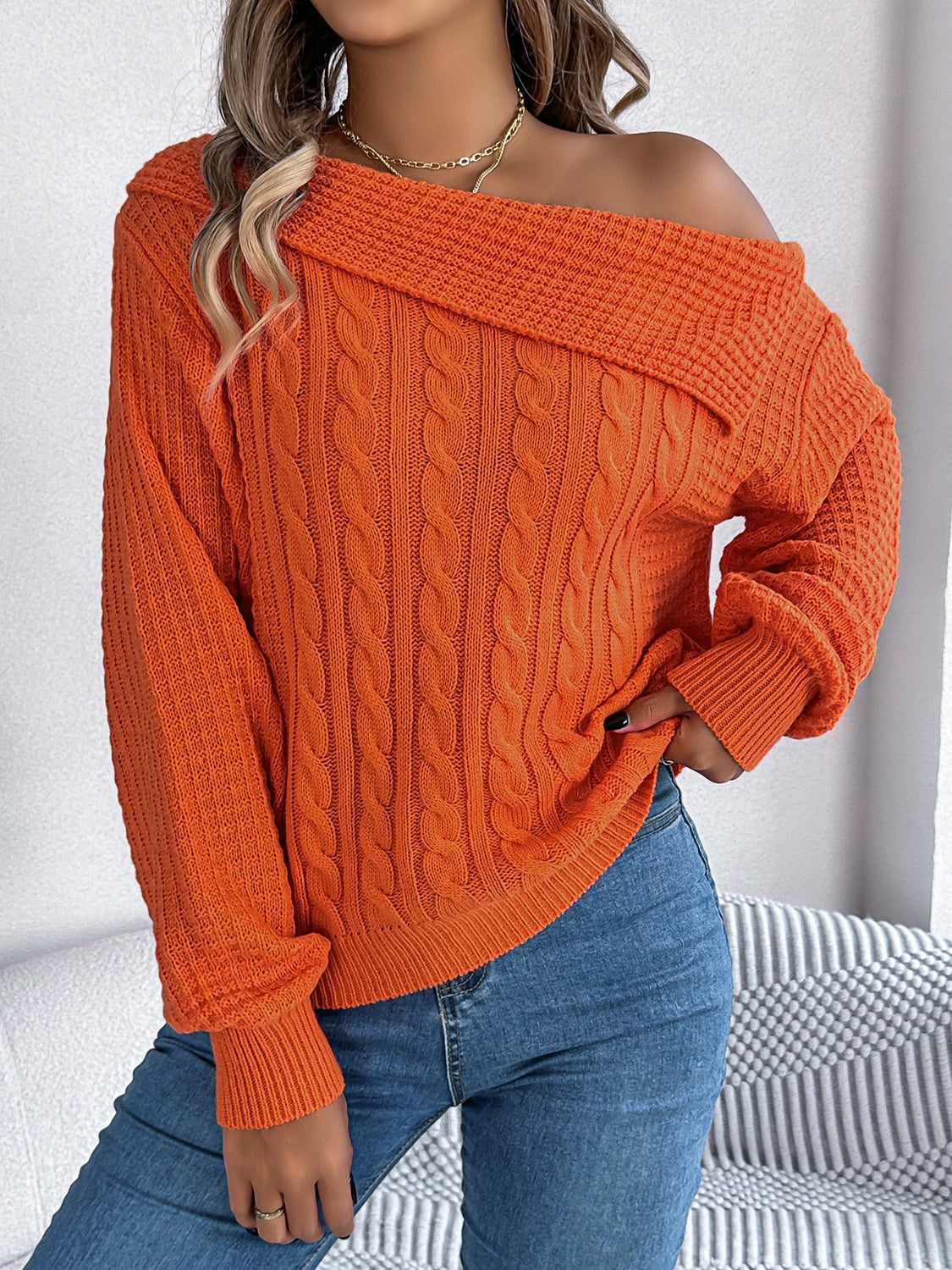 Cable-Knit One Shoulder Long Sleeve Sweater-Bella Boutique Collective