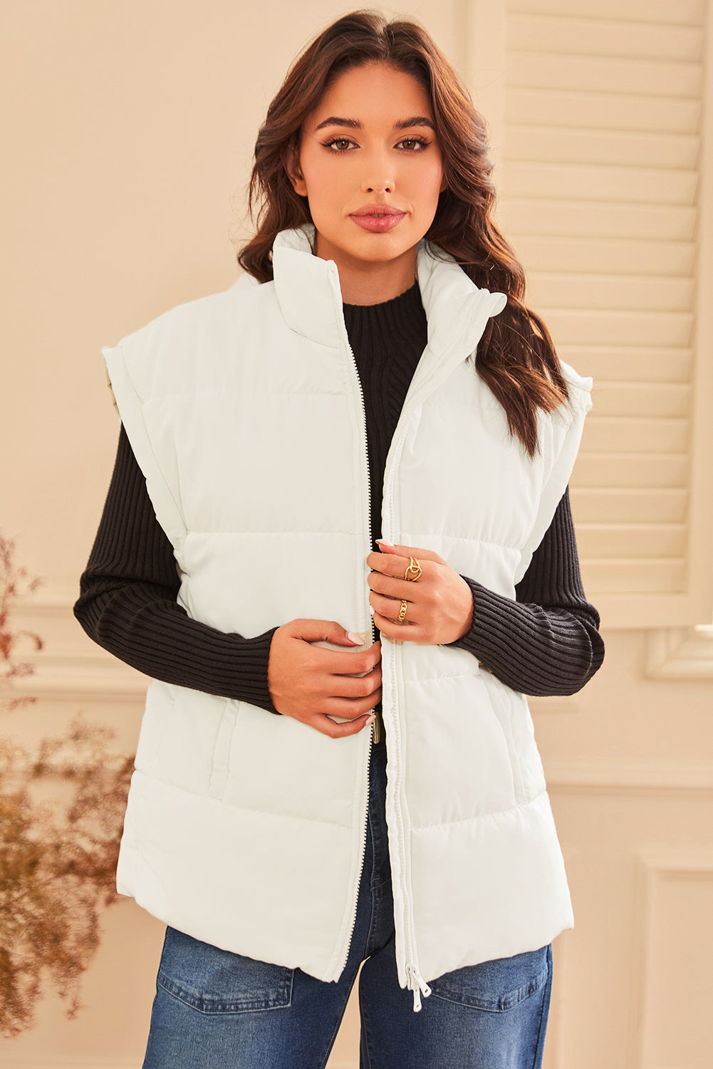 Beige Zipper Stand Neck Oversized Puffer Vest-Bella Boutique Collective