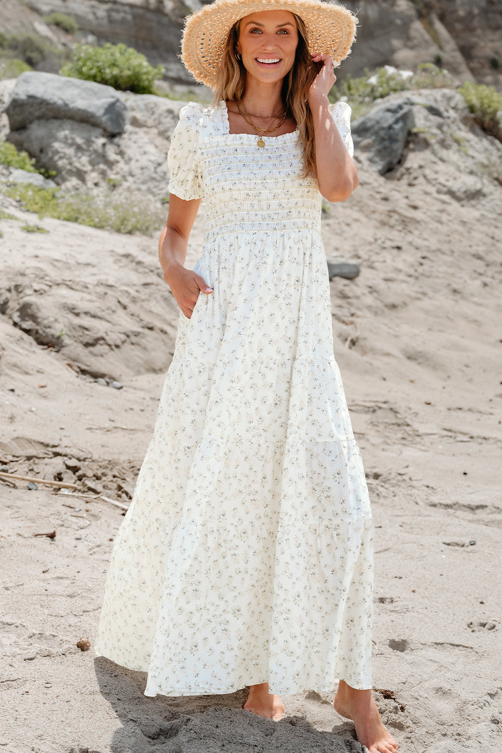 White Frilly Shirred Bodice Tiered Floral Maxi Dress-Bella Boutique Collective