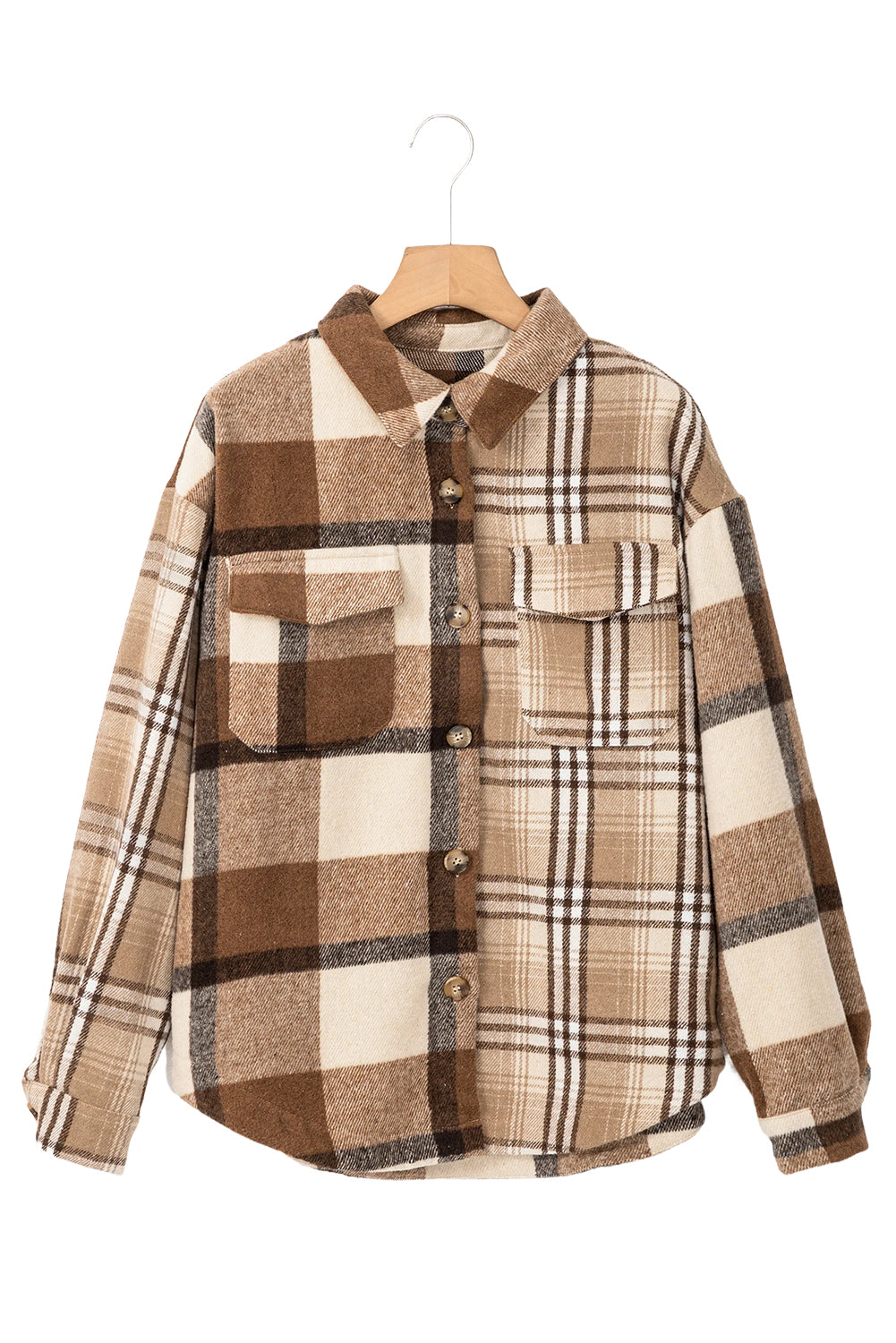 Light French Beige Flannel Plaid Double Flap Pocket Shacket-Bella Boutique Collective