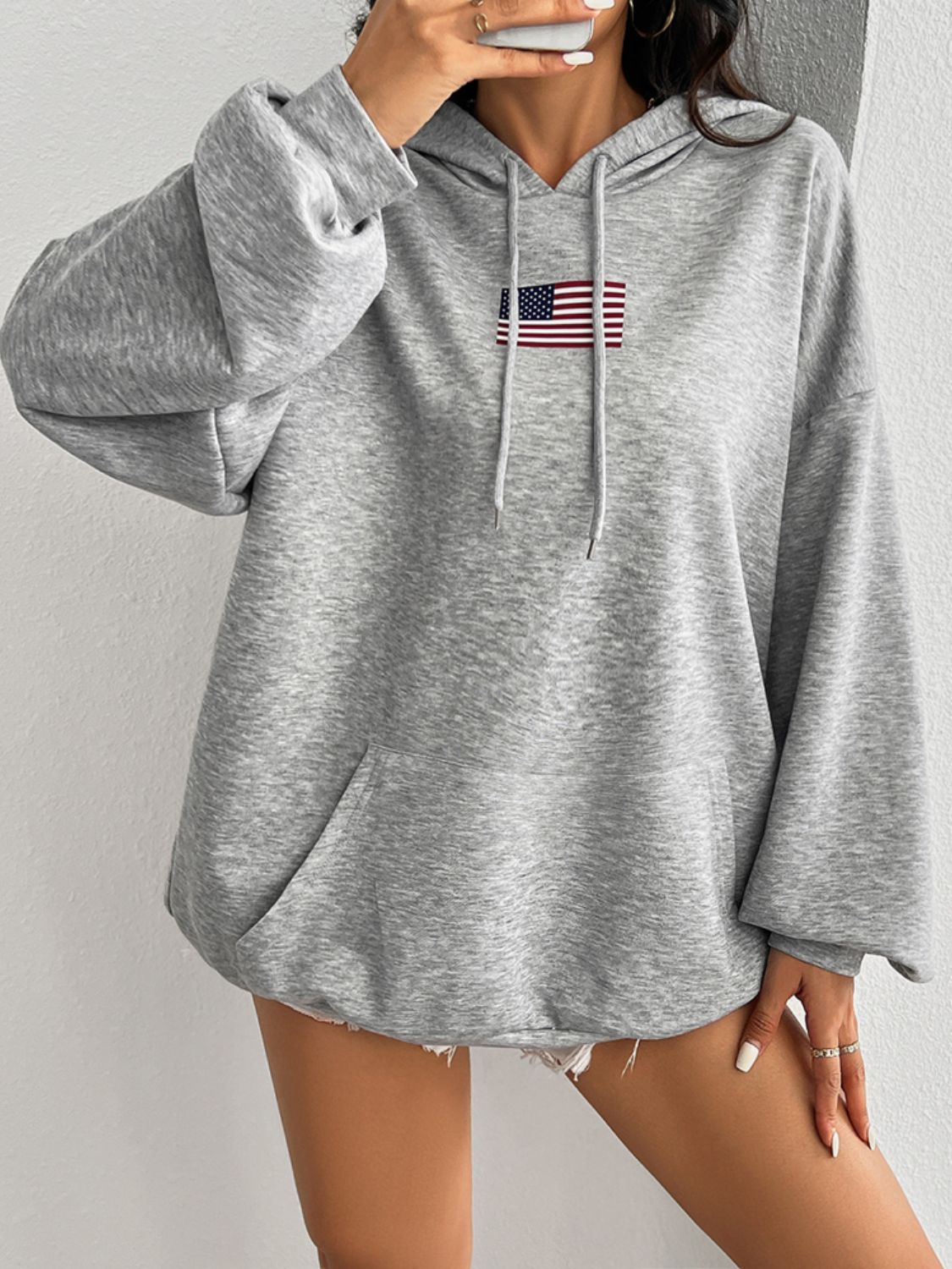 Devine Drawstring US Flag Long Sleeve Hoodie-Bella Boutique Collective