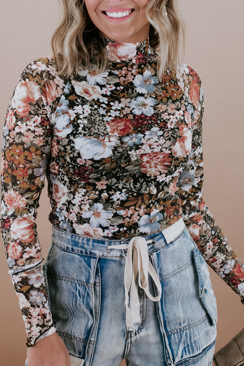 Brown Floral Long Sleeve High Neck Sheath Mesh Blouse-Bella Boutique Collective