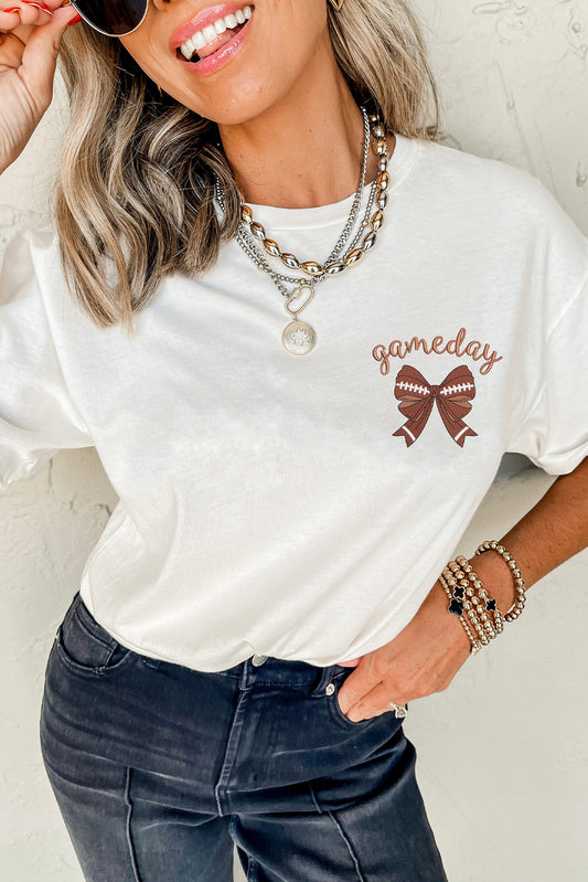 White Game Day Bowknot Embroidered Graphic Casual Tee-Bella Boutique Collective