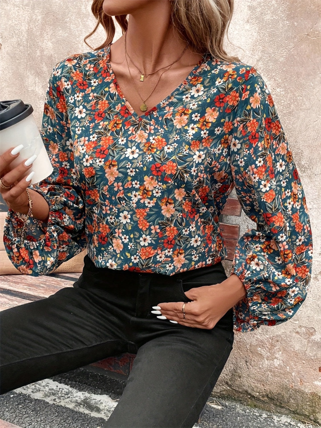 Printed V-Neck Balloon Sleeve Blouse-Bella Boutique Collective