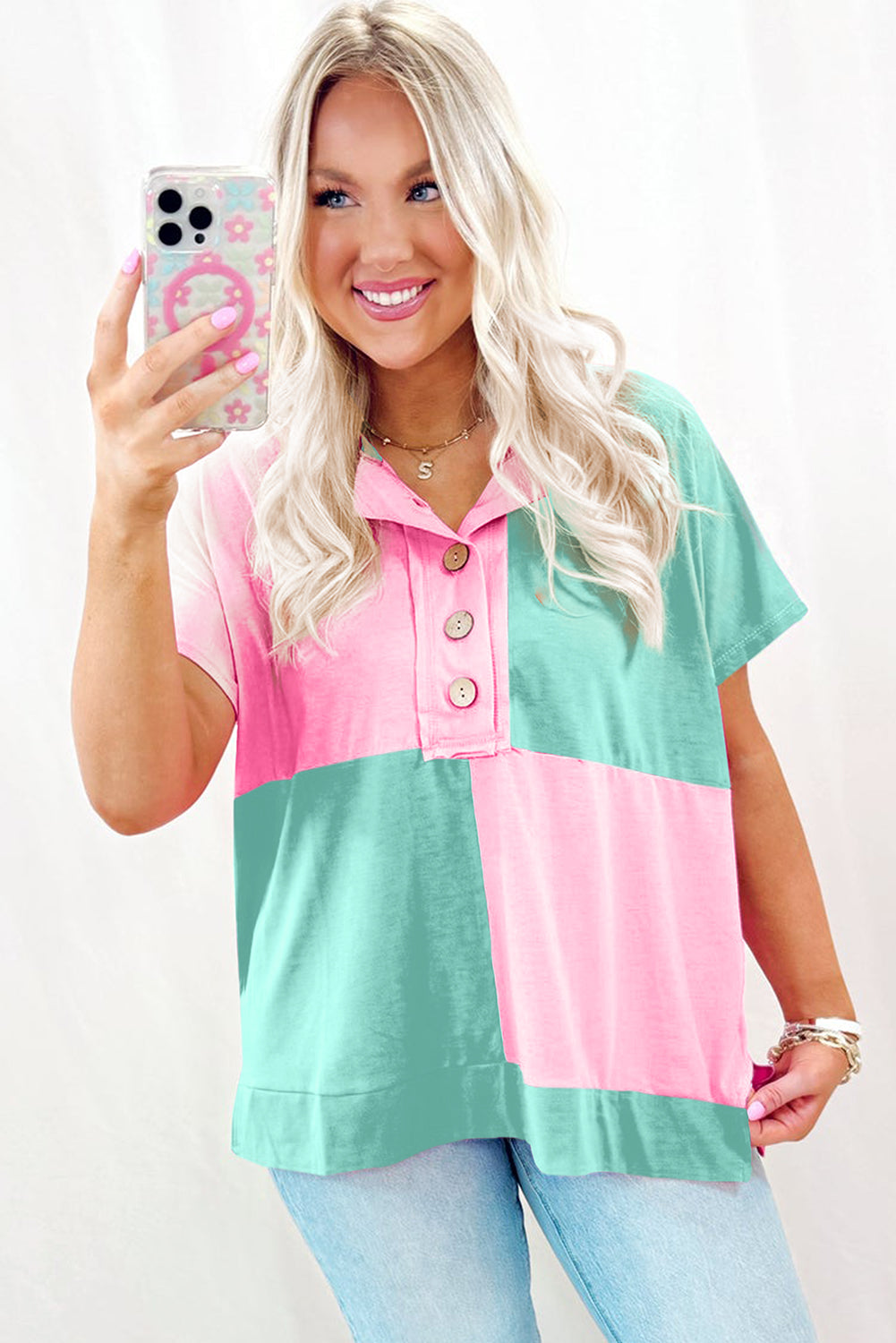 Mint Green Two Tone Half Buttons Collared T Shirt-Bella Boutique Collective