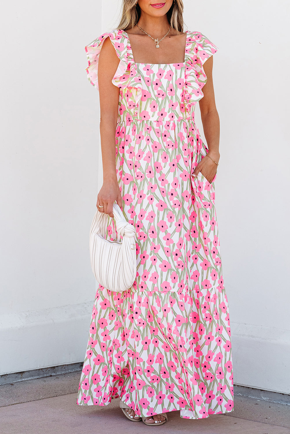 Pink Floral Print Square Neck Ruffled Strap Maxi Dress-Bella Boutique Collective