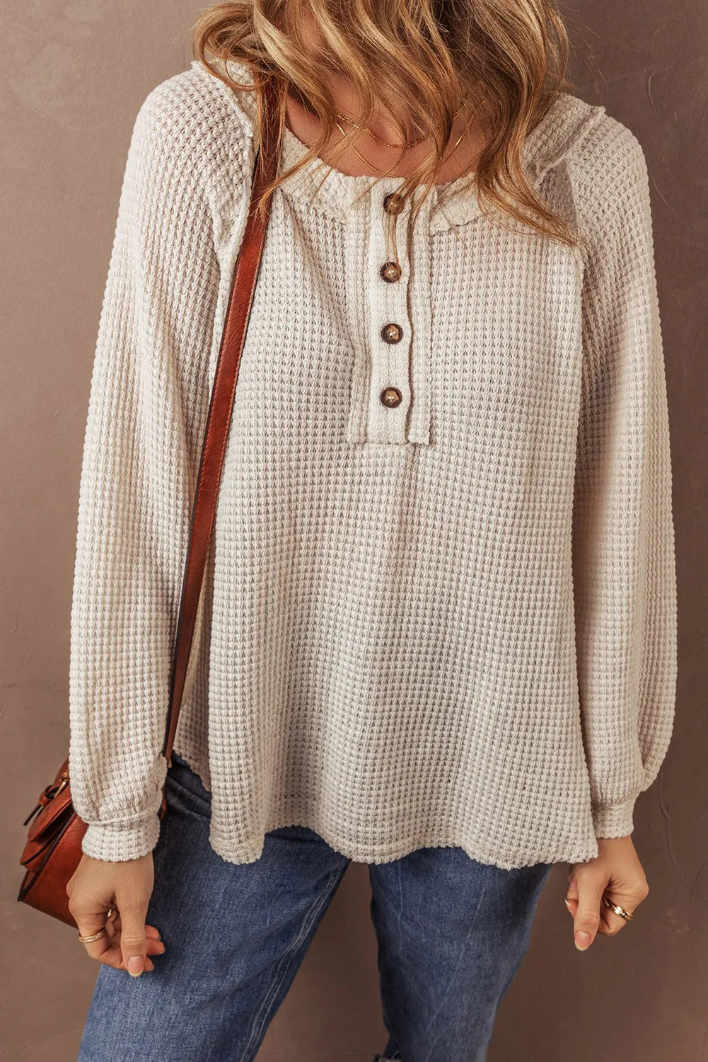 Waffle-Knit Half Button Round Neck Long Sleeve Top-Bella Boutique Collective