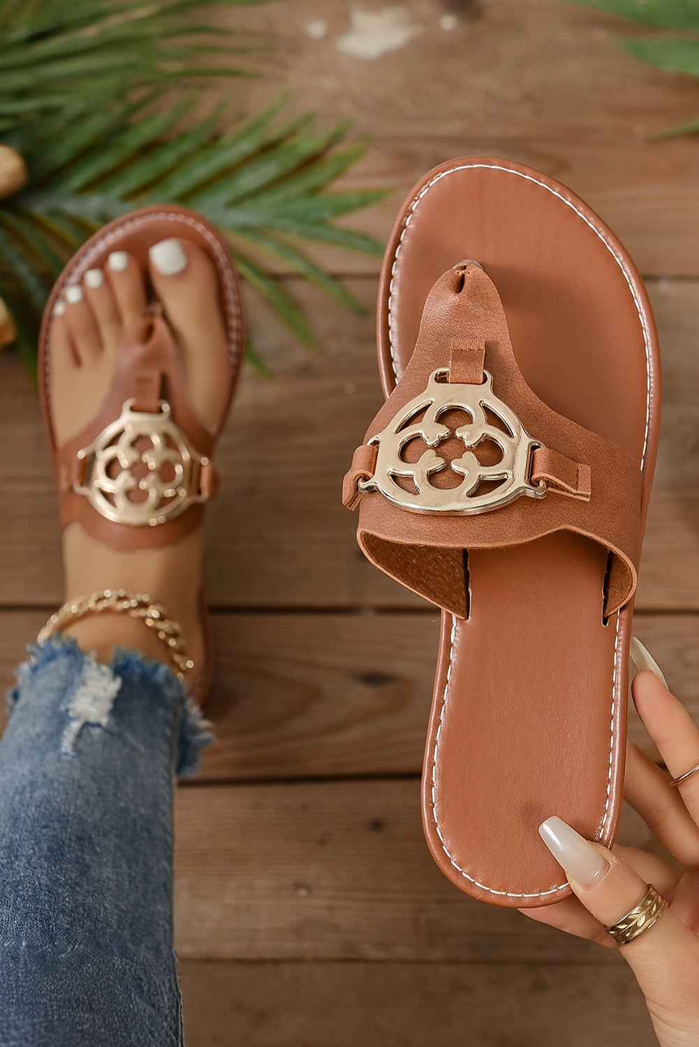 Chestnut Metal Decor Leather Thong Slippers-Bella Boutique Collective