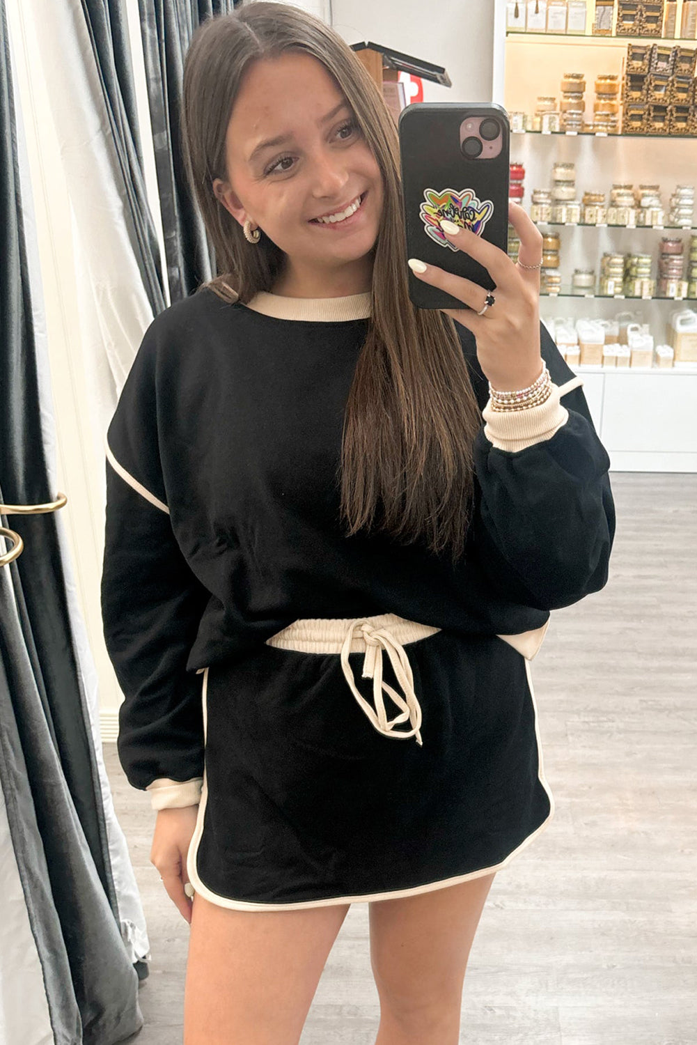 Black Color Contrast Loose Pullover and Lace-up Waist Skort Set-Bella Boutique Collective