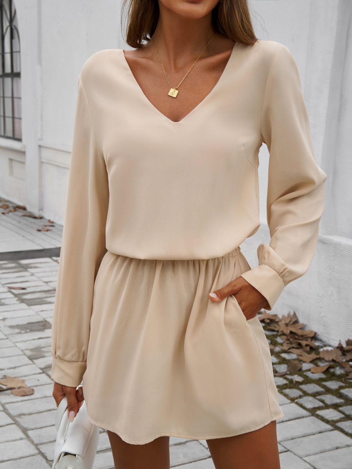 Devine Cutout V-Neck Long Sleeve Mini Dress-Bella Boutique Collective
