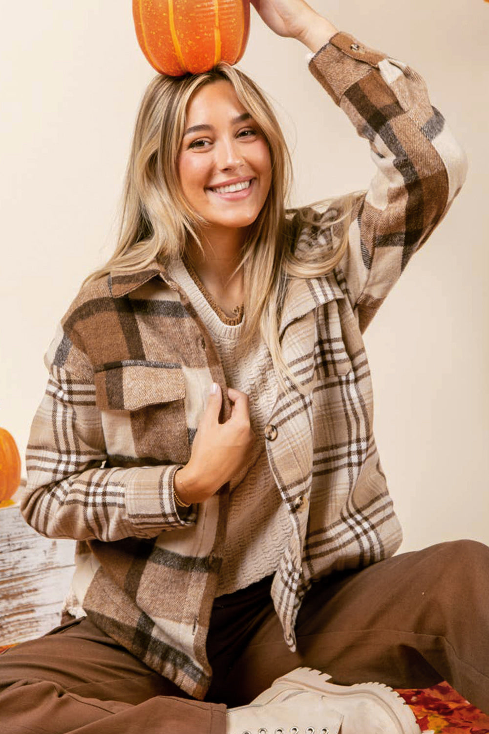 Light French Beige Flannel Plaid Double Flap Pocket Shacket-Bella Boutique Collective