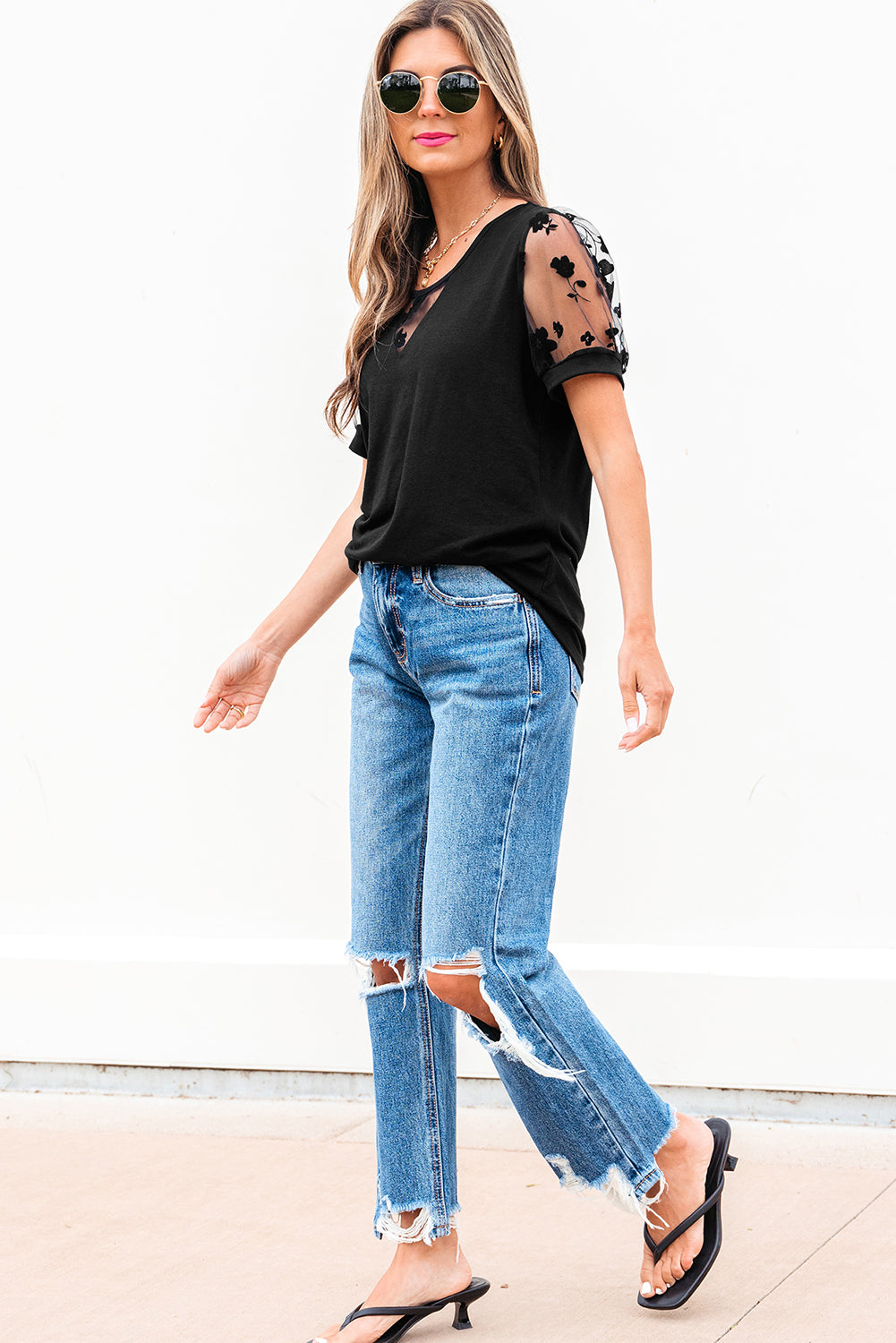 Black Flora Lace Patchwork Crew Neck T Shirt-Bella Boutique Collective