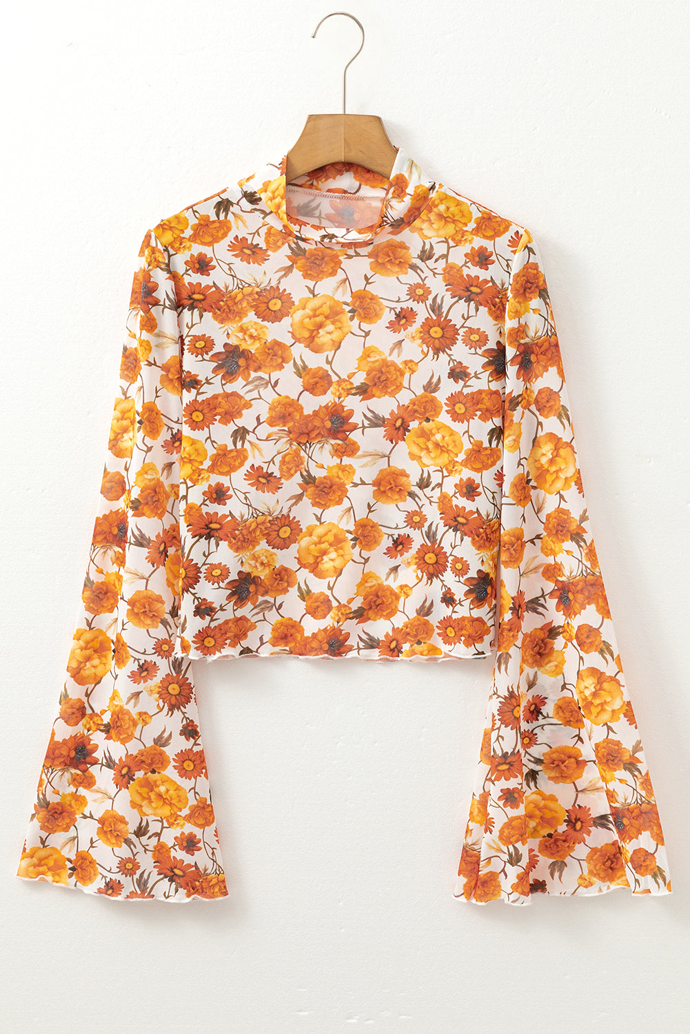 Orange Floral Printed Bell Sleeve Mock Neck Scallop Trim Blouse-Bella Boutique Collective