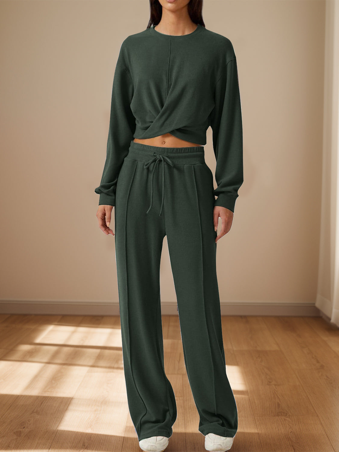 Crisscross Round Neck Top and Drawstring Pants Set-Bella Boutique Collective
