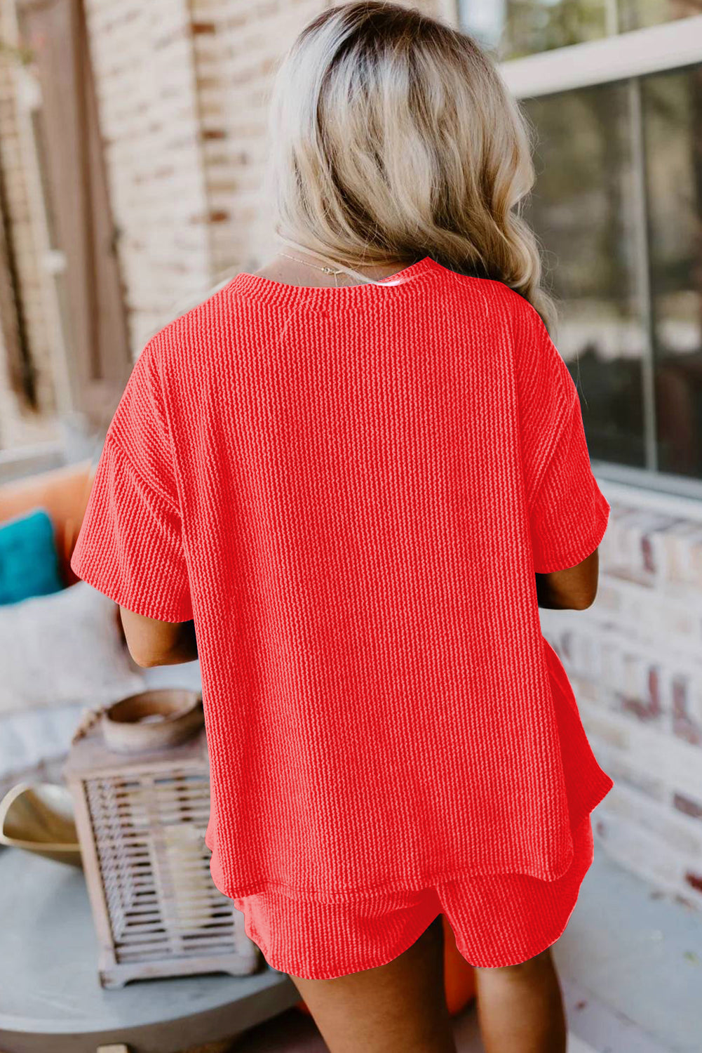 Ribbed Textured Knit Loose Fit Tee and Shorts Set-Bella Boutique Collective