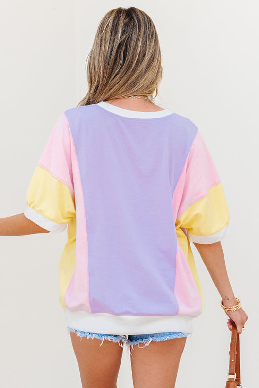Purple Color Block Patchwork Half Sleeve Oversized T Shirt-Bella Boutique Collective