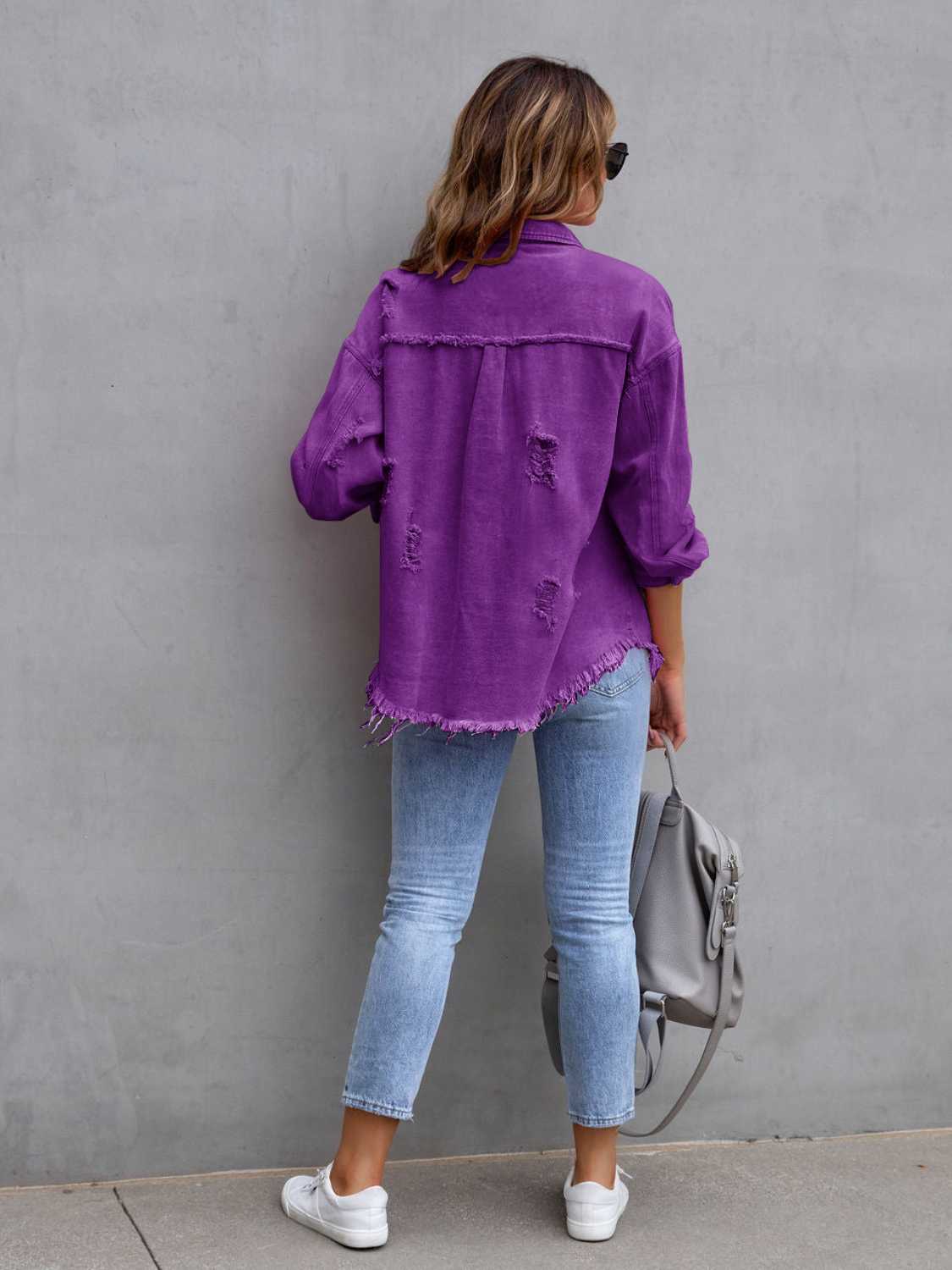 Distressed Drop Shoulder Denim Jacket-Bella Boutique Collective