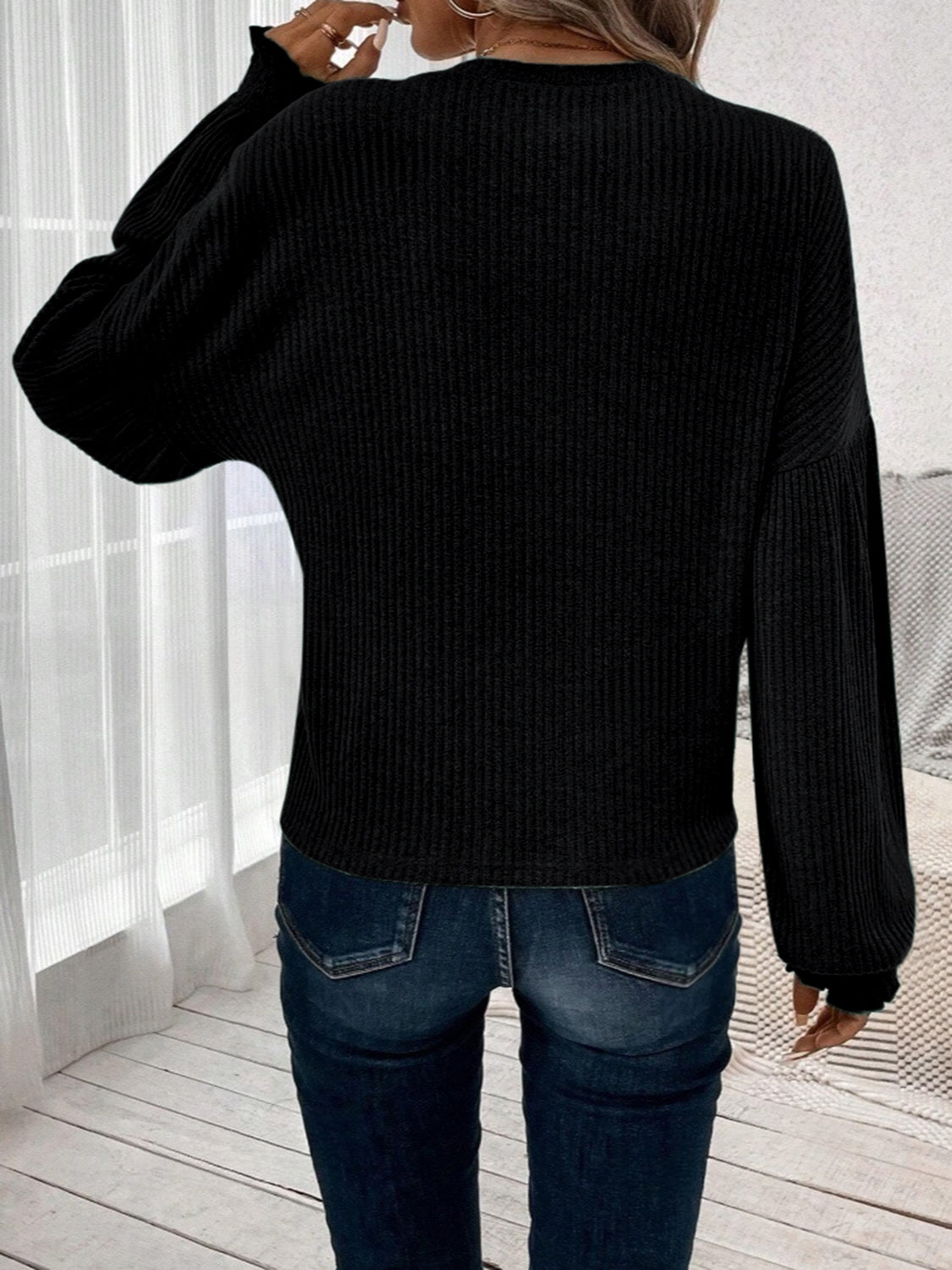Ribbed Round Neck Lantern Sleeve T-Shirt-Bella Boutique Collective