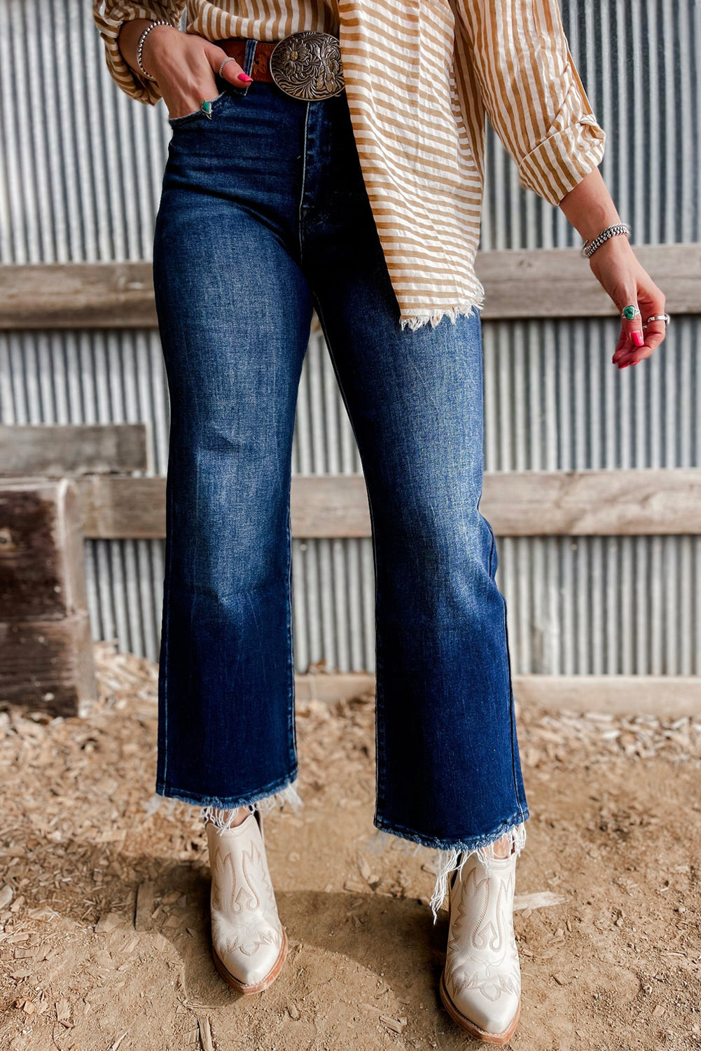 Sail Blue Mineral Wash Raw Hem High Waist Flared Jeans-Bella Boutique Collective