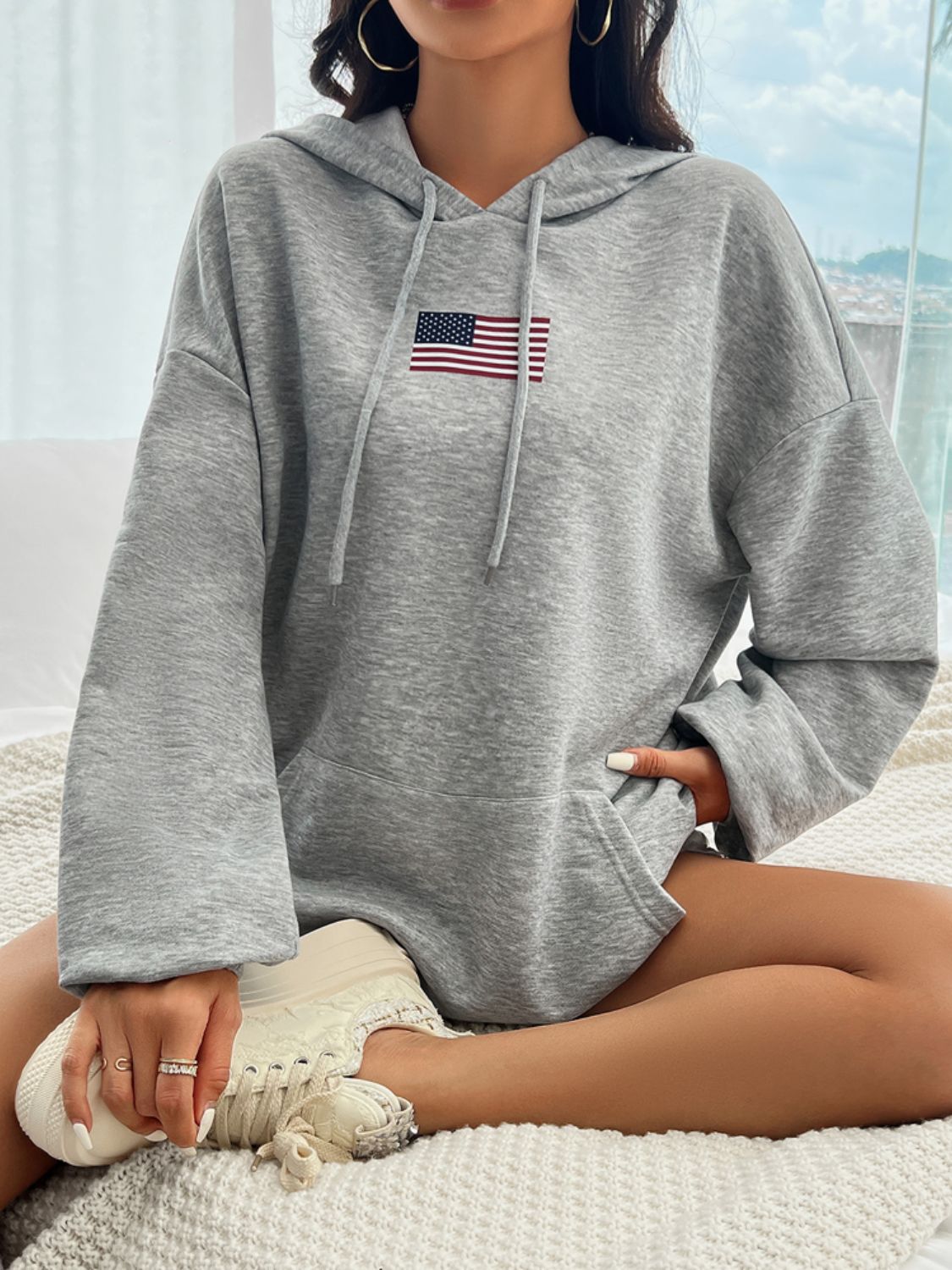Devine Drawstring US Flag Long Sleeve Hoodie-Bella Boutique Collective