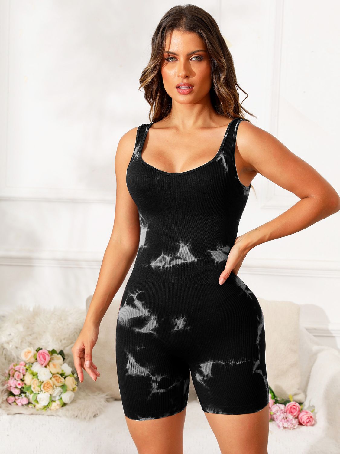 Tie-Dye Wide Strap Active Romper-Bella Boutique Collective