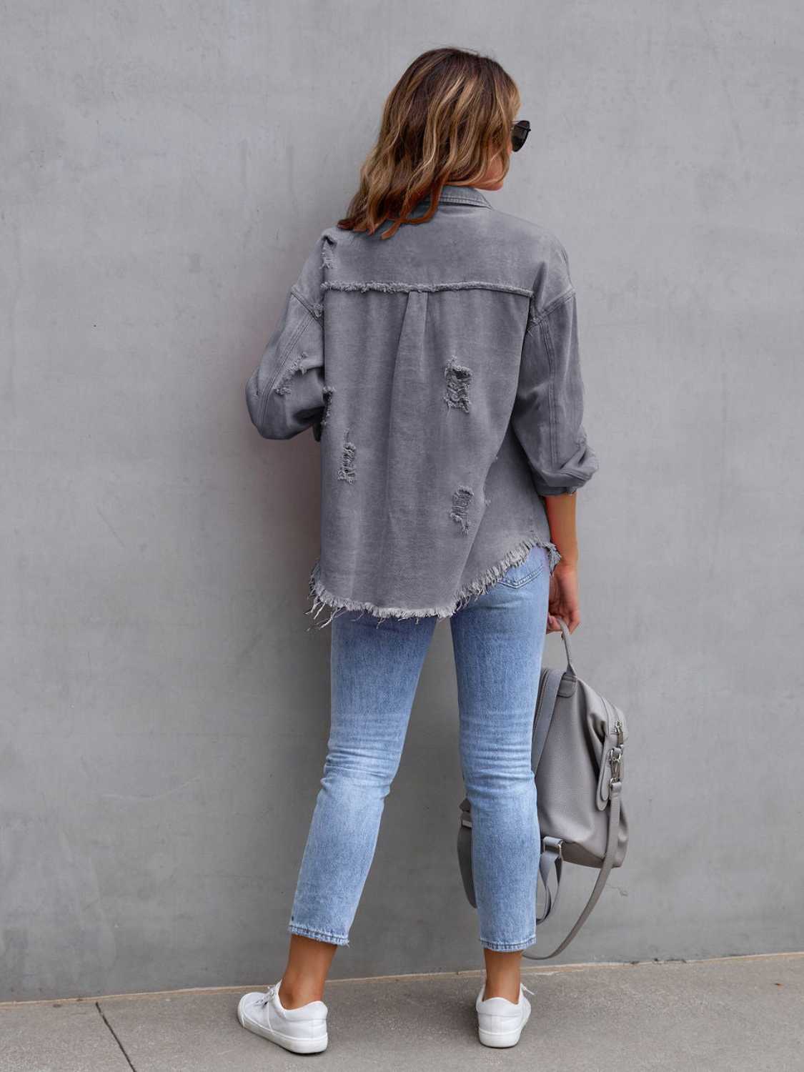 Distressed Drop Shoulder Denim Jacket-Bella Boutique Collective