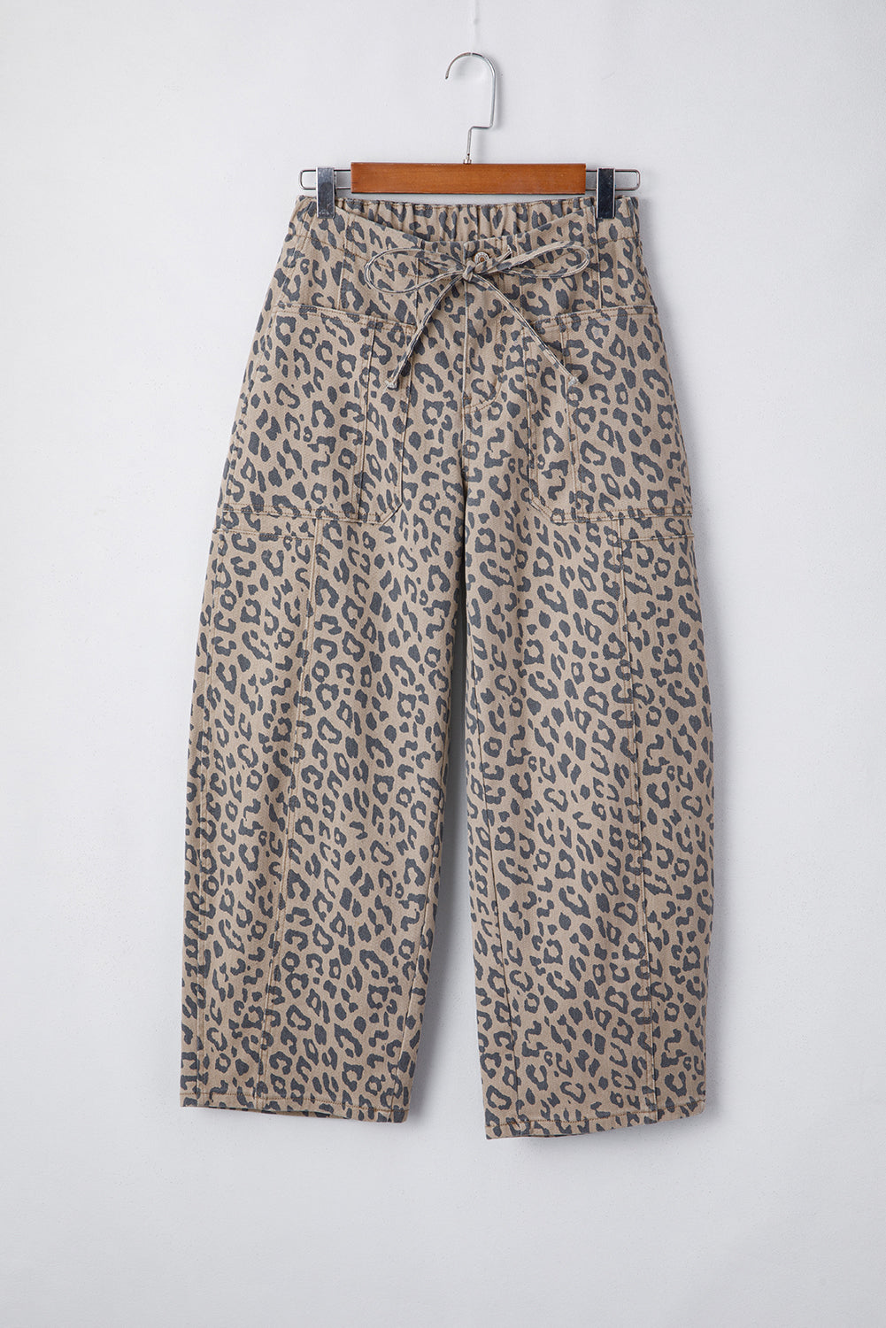 Khaki Leopard Printed Drawstring Waist Pocketed Wide Leg Jeans-Bella Boutique Collective